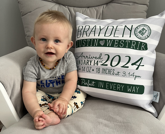 Personalized Hunter Green Stripe Birth Announcement Pillow