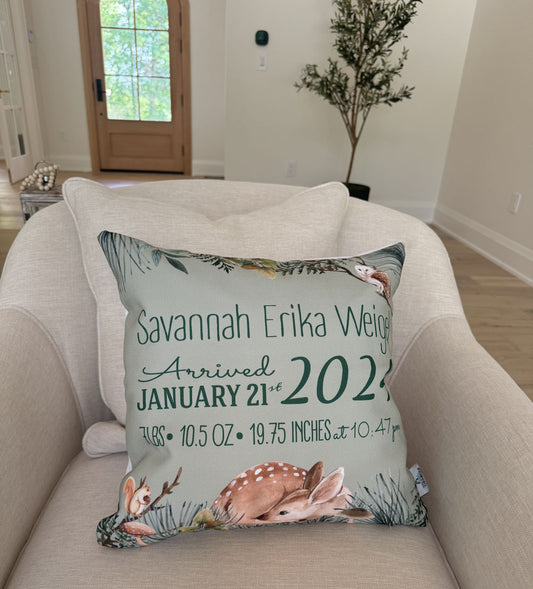 Personalized Birth Stats Pillow - Watercolour Woodland