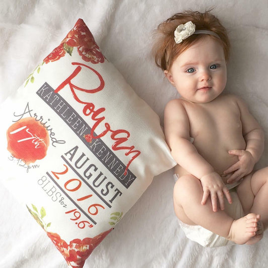 Birth Stat Pillow Red Floral Design