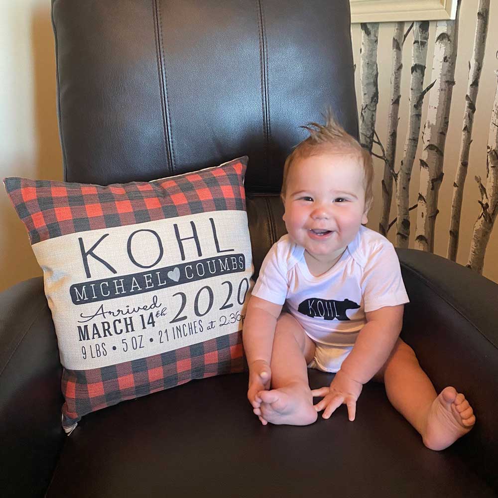 Personalized Buffalo Plaid Birth Stats Pillow