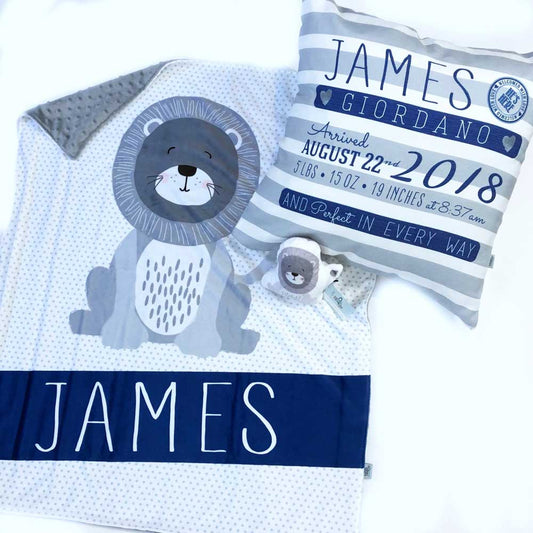 Personalized Navy Stripe Birth Announcement Pillow