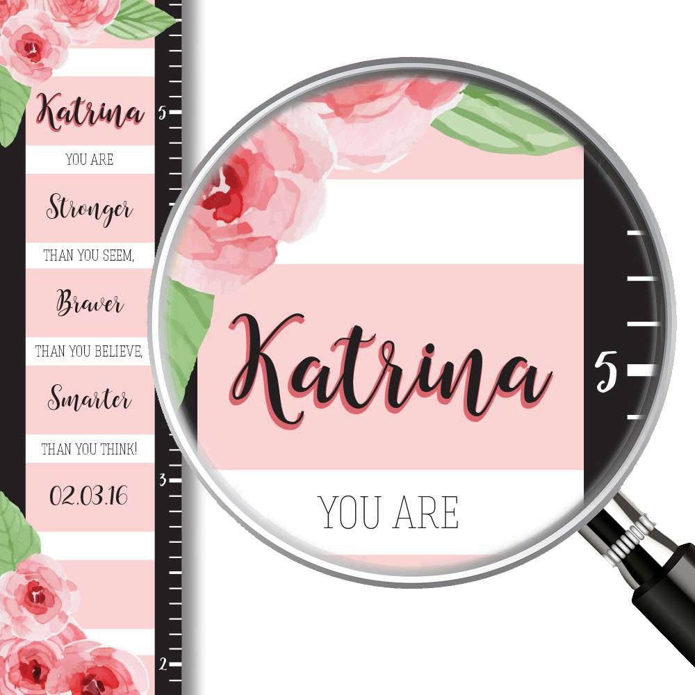 personalized growth chart – Pink modern floral stripe