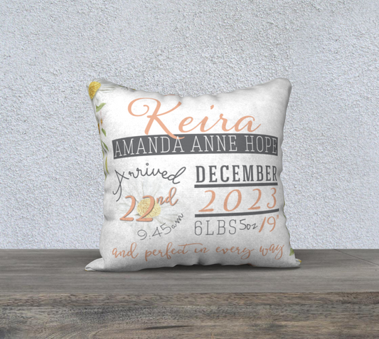 Personalized Floral Daisy Birth Announcement Pillow