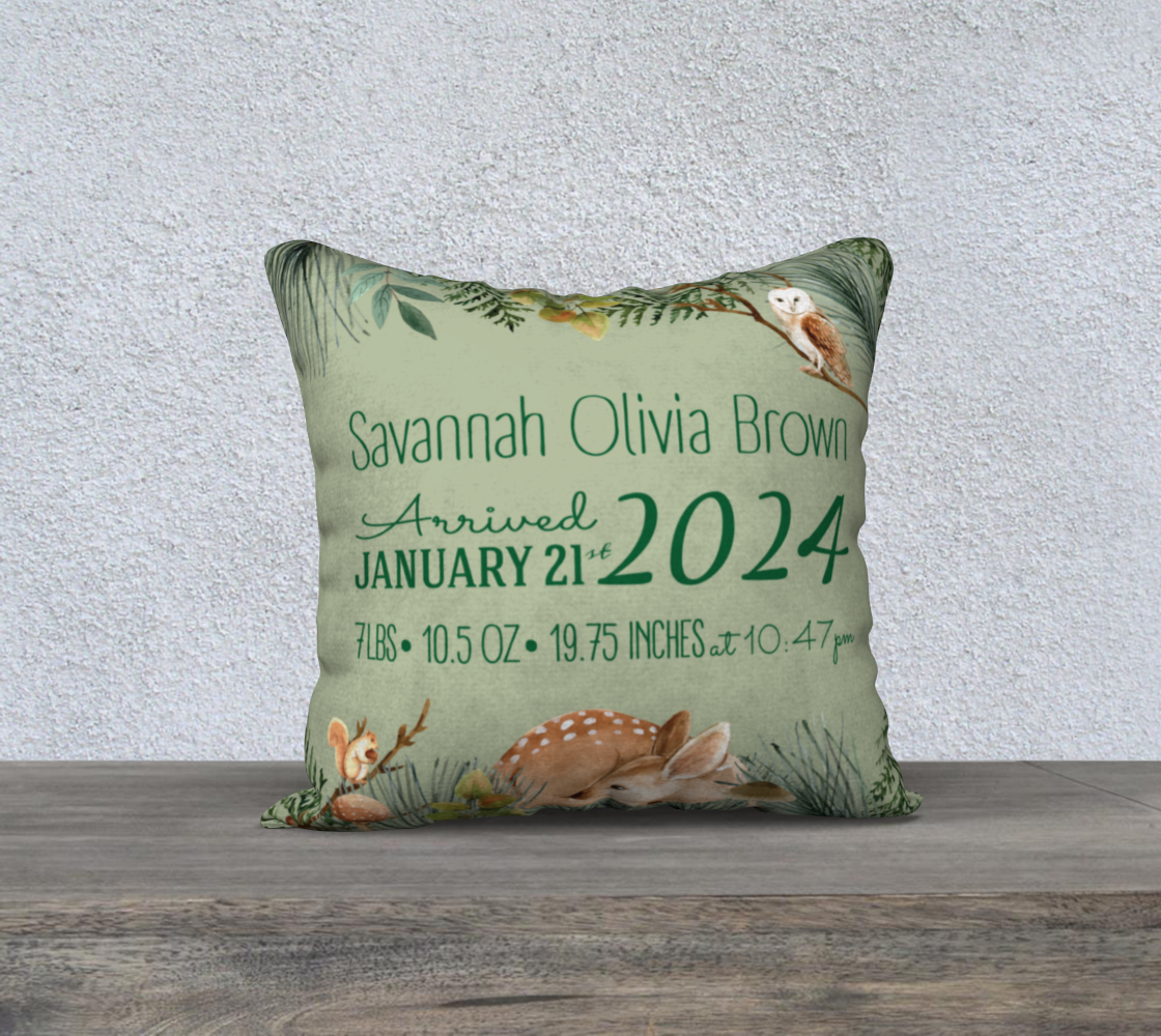 Watercolour woodland Birth Stats Pillow