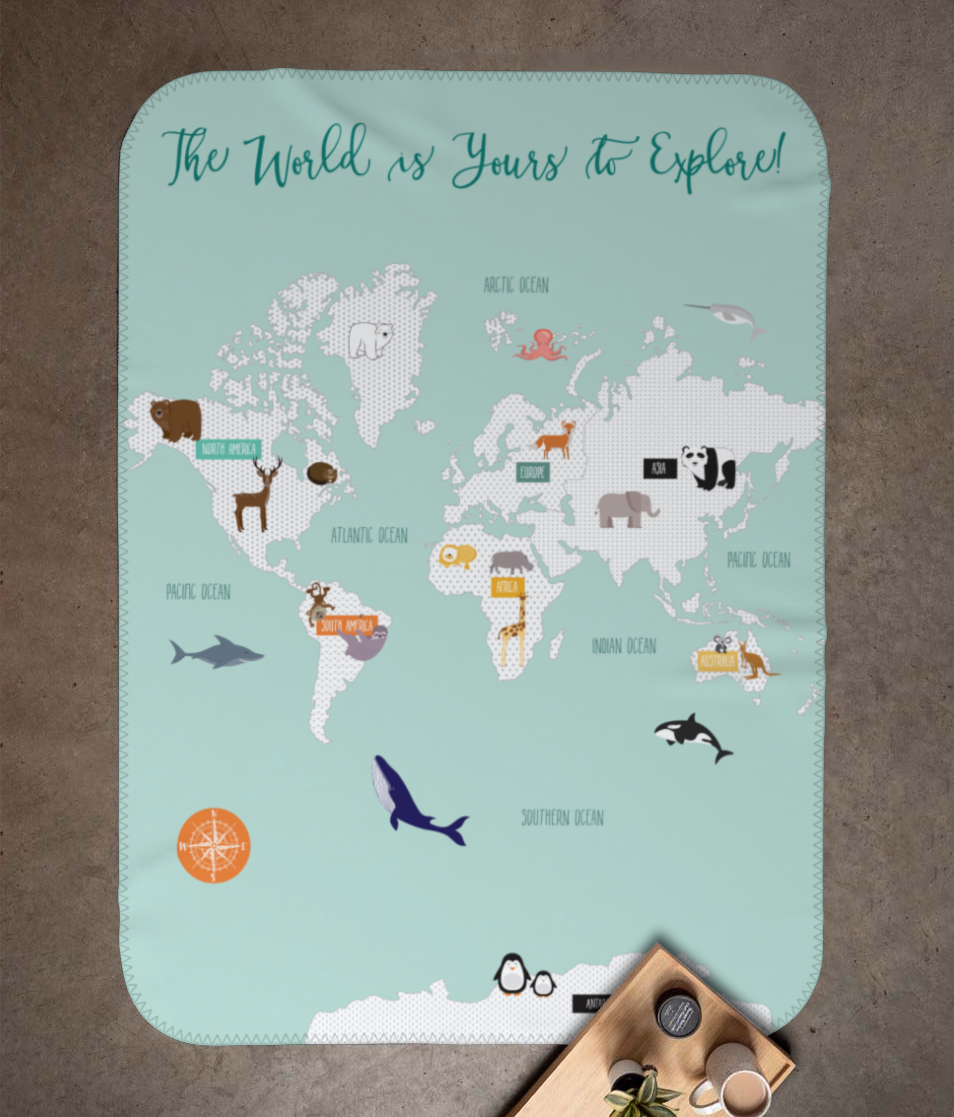Personalized Animals of the World Map Baby Blanket
